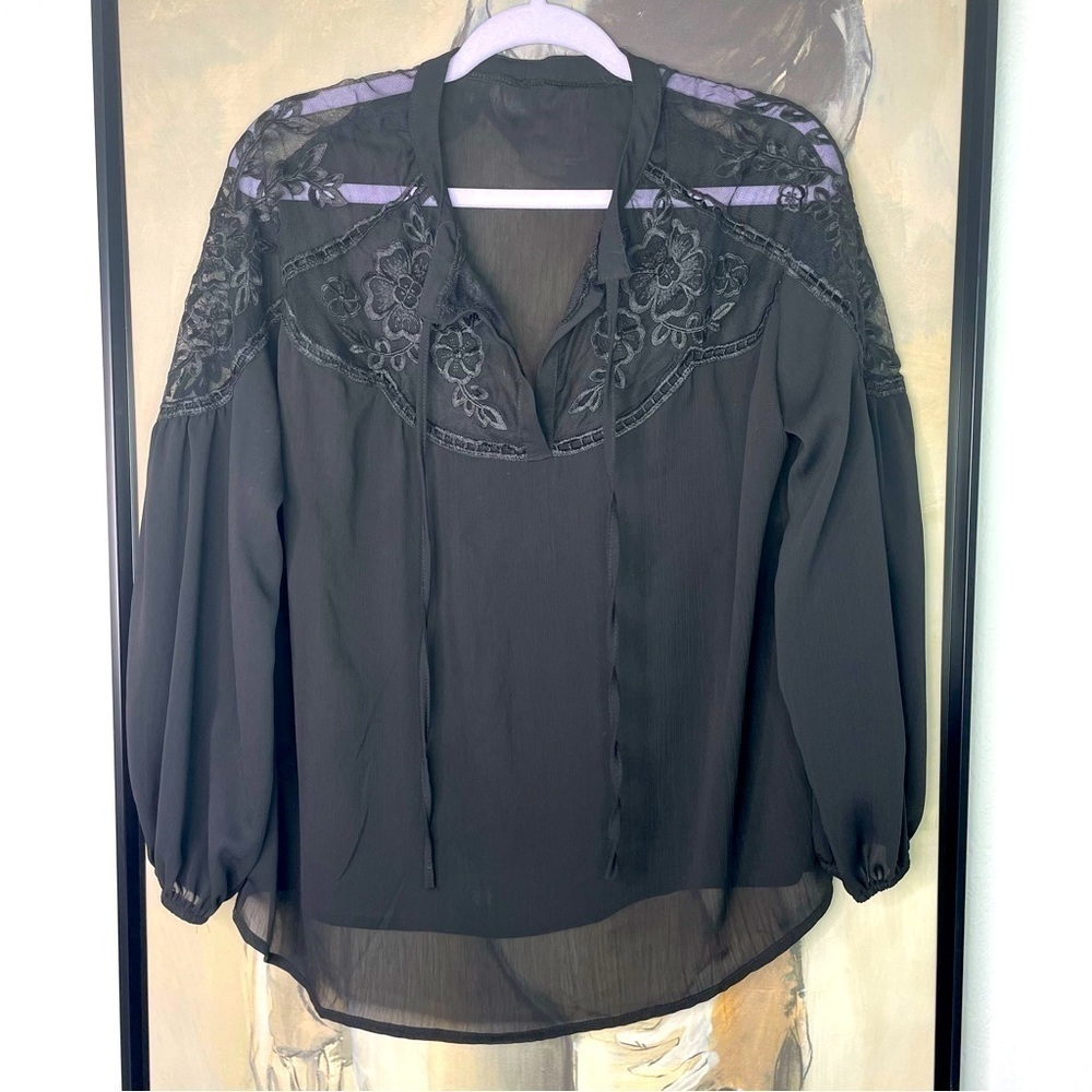 𝅺unbranded Black Sheer Blouson Sleeve Peasant Style Blouse